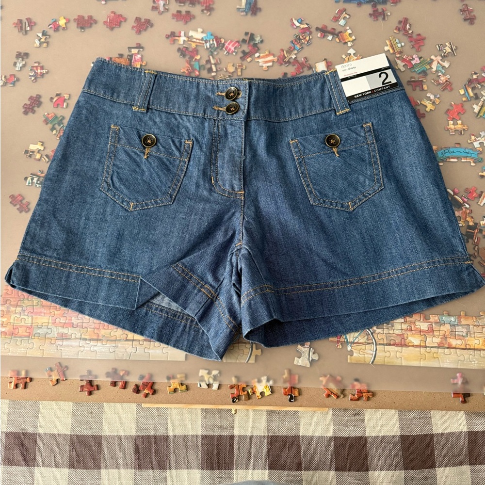 New York & Company Denim Blue Double-Button Jean Shorts